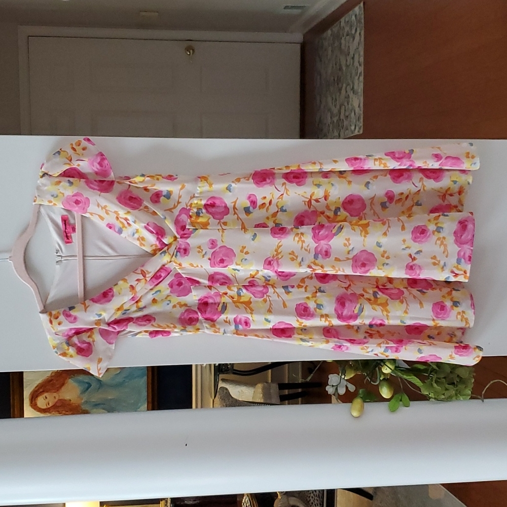 Betsey Johnson White Floral Dress with Pink and Yellow Print